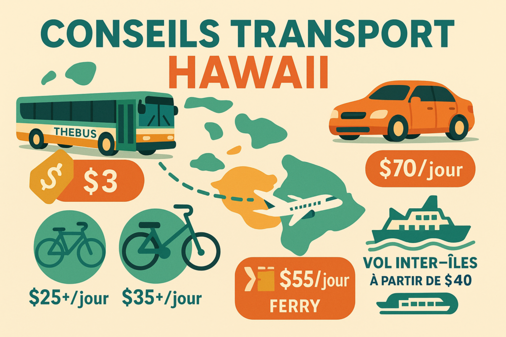 Infographie 700 × 450 px présentant les principaux moyens de transport à Hawaii : un bus “TheBus” (3 $), une voiture de location (70 $/jour), des pictogrammes vélo (25 $/jour) et e‑bike (35 $/jour), un avion survolant une carte des îles (vols inter‑îles dès 40 $) et un ferry (55 $/jour).
